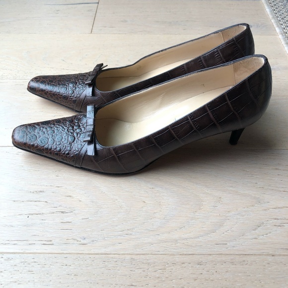 Isaac Mizrahi Brown Croc Embossed Leather High Heel Pointed Toe Pumps Si… - Picture 1 of 7